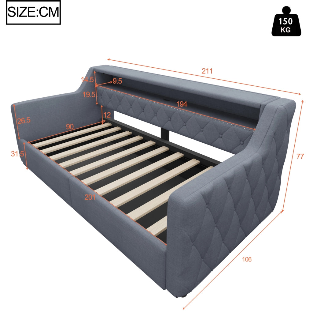 Daybed 90 x 200 cm con vano contenitore idraulico; LED; USB e USB-C; lino e MDF grigio