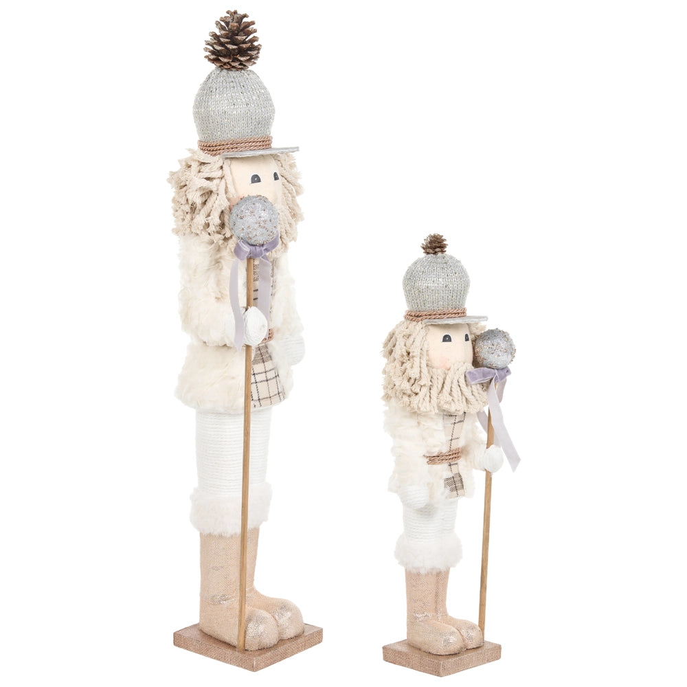 Set di 2 statuette schiaccianoci beige in legno di pino fatte a mano, decorazioni natalizie