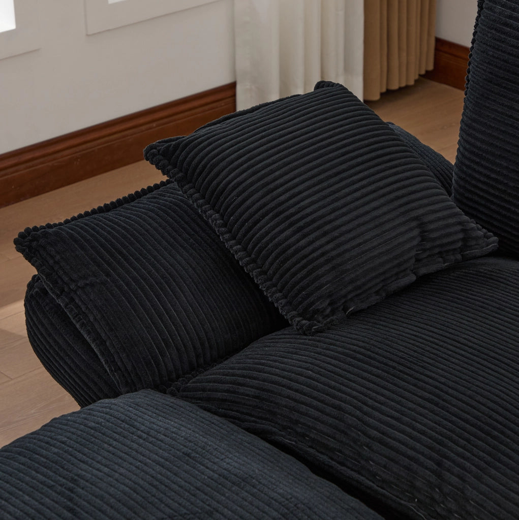 Divano modulare 2 posti in corduroy nero con 2 pouf; USB-C e tasche laterali
