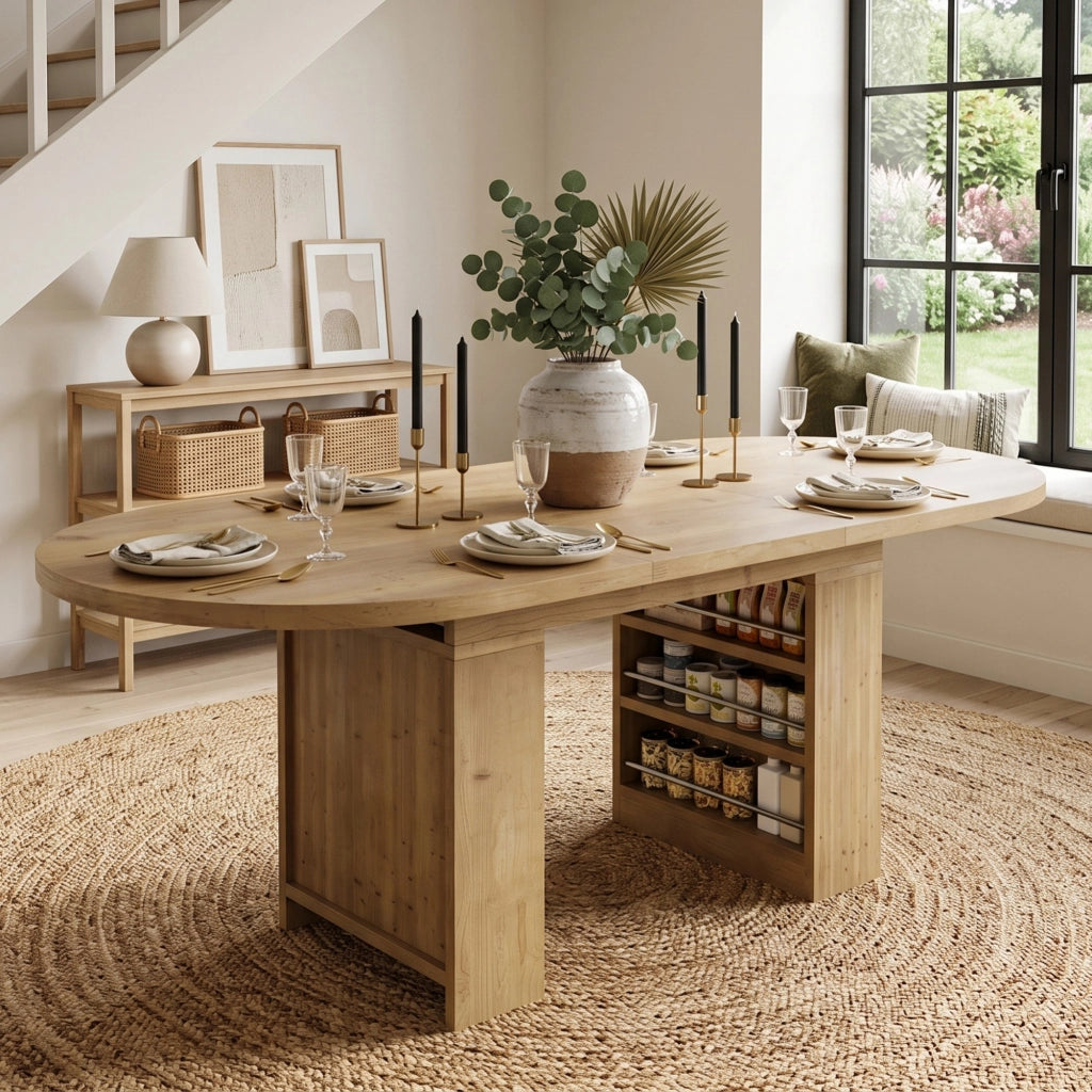 Tavolo da pranzo allungabile, 150/200 x 90 cm, per 6-8 persone, con vano portaoggetti, color legno naturale