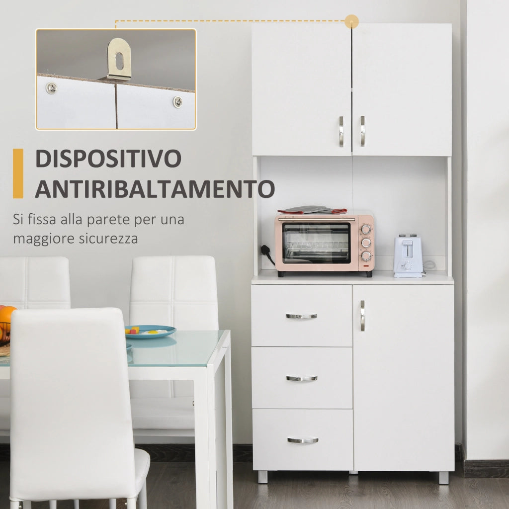 Credenza da Cucina e Soggiorno, Credenza Moderna in Legno Bianco, 2 Armadietti, Mensole Regolabili, 1 Ripiano Aperto e 3 Cassetti, 80x39.5x183.5cm
