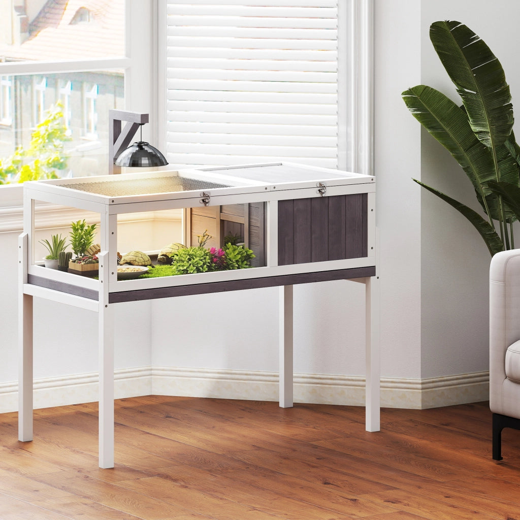 Casetta Tartarughe Rialzata 104x53x82 cm con Divisorio Vassoio Estraibile in Legno e PS Grigio e Bianco