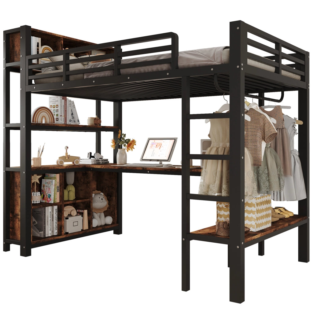 Letto a soppalco 90x200 cm con scrivania; appendiabiti; ripiani e vani contenitori; nero