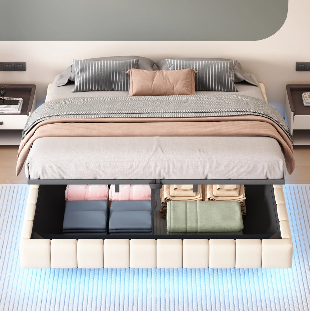 Letto imbottito sospeso 180x200 cm con contenitore e LED; beige
