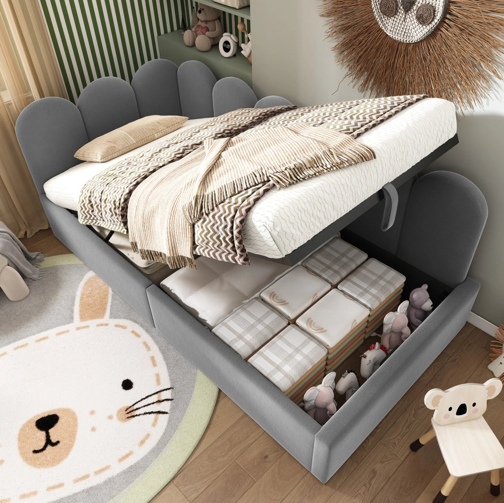 Letto singolo in velluto grigio 90x200 cm con contenitore idraulico
