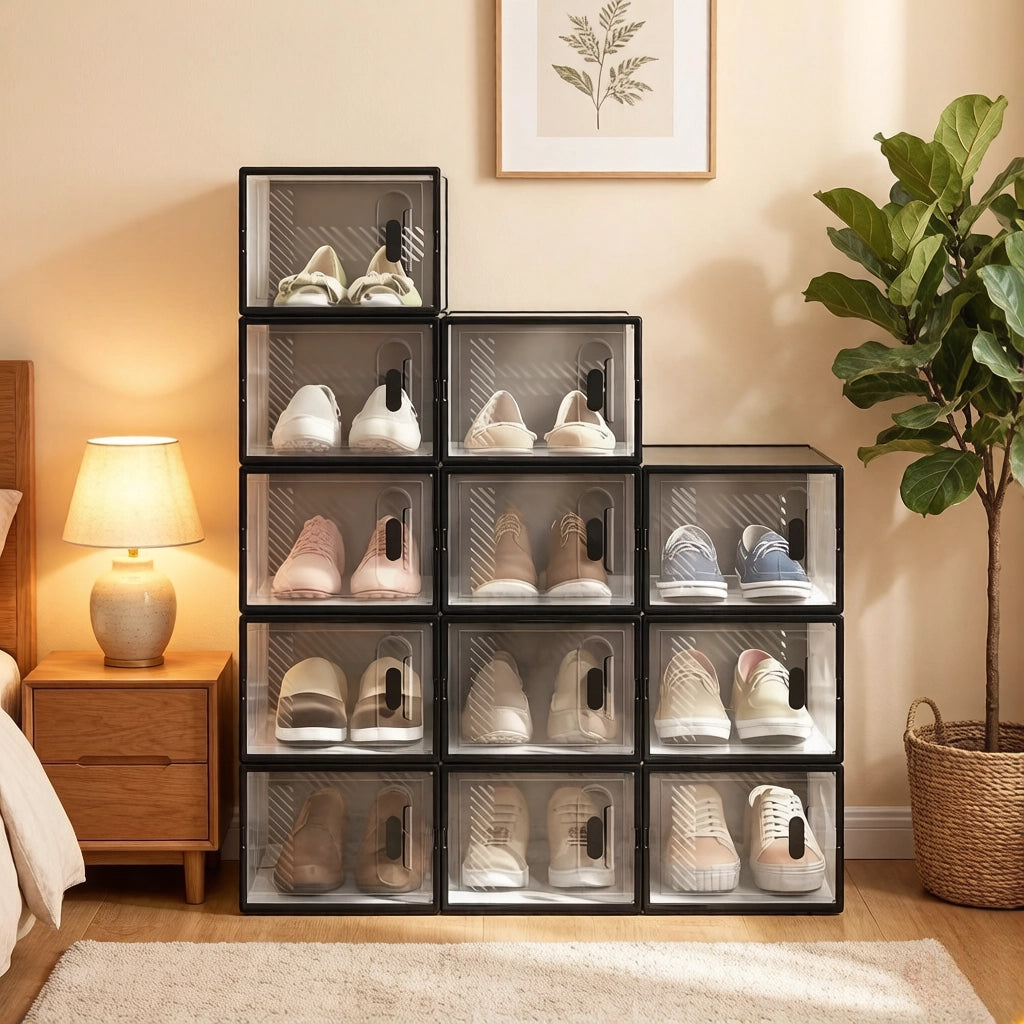 Scarpiera modulare con 12 box impilabili e aperture frontali, in plastica trasparente e nera, per camera da letto