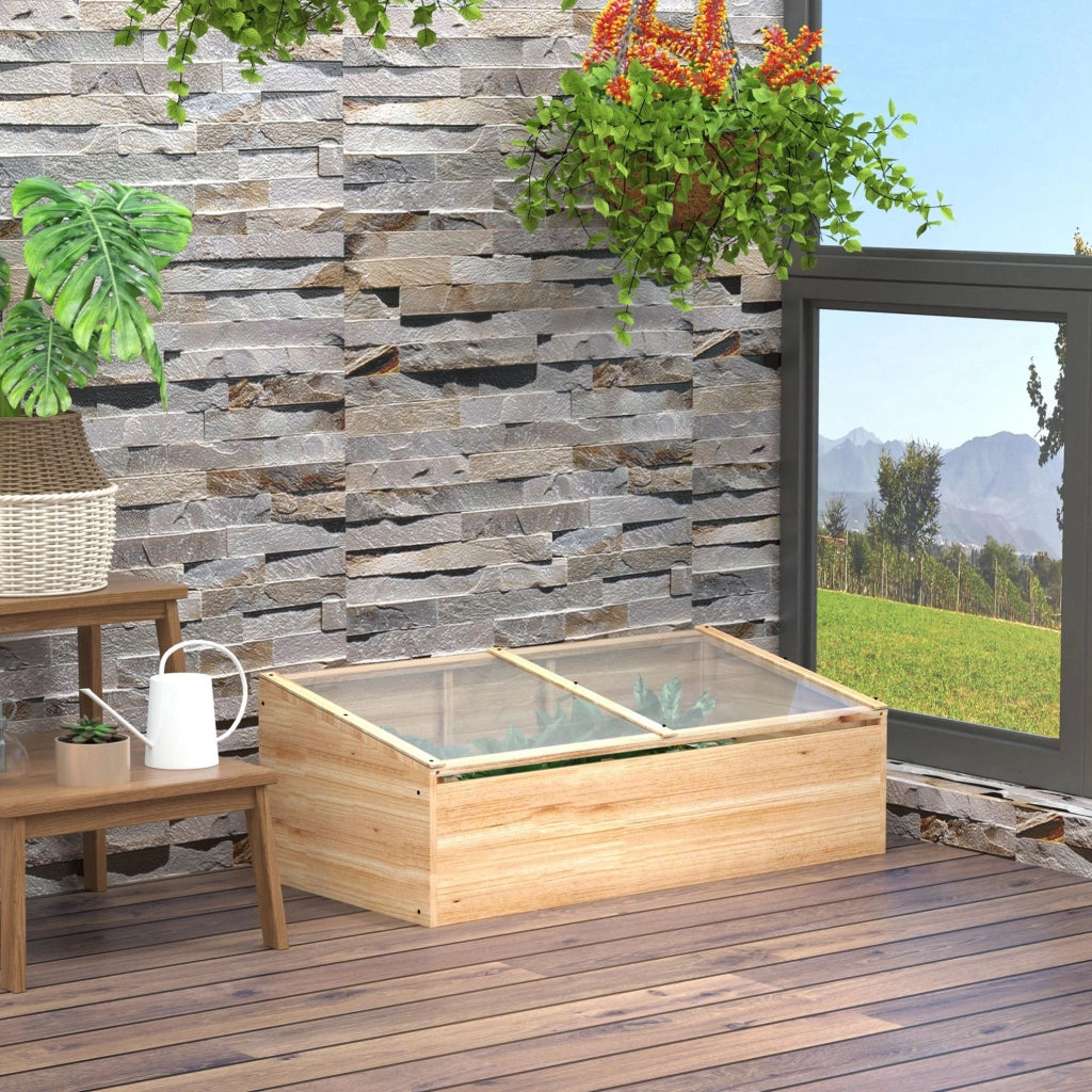 Serra da giardino ULEVR 100x50x35/26 cm in legno naturale con pannelli in policarbonato e coperchio inclinato