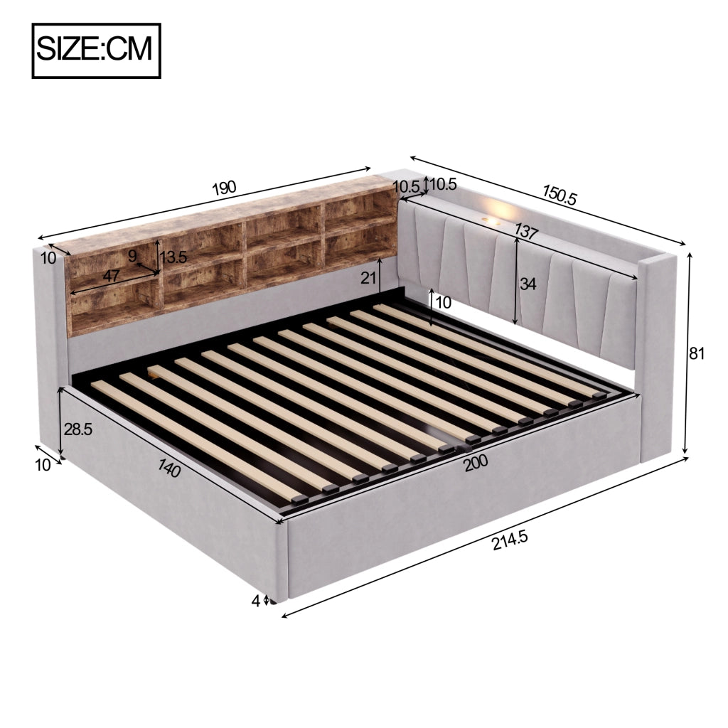 Letto matrimoniale imbottito 140 × 200 cm con contenitore idraulico velluto grigio chiaro USB e Type-C