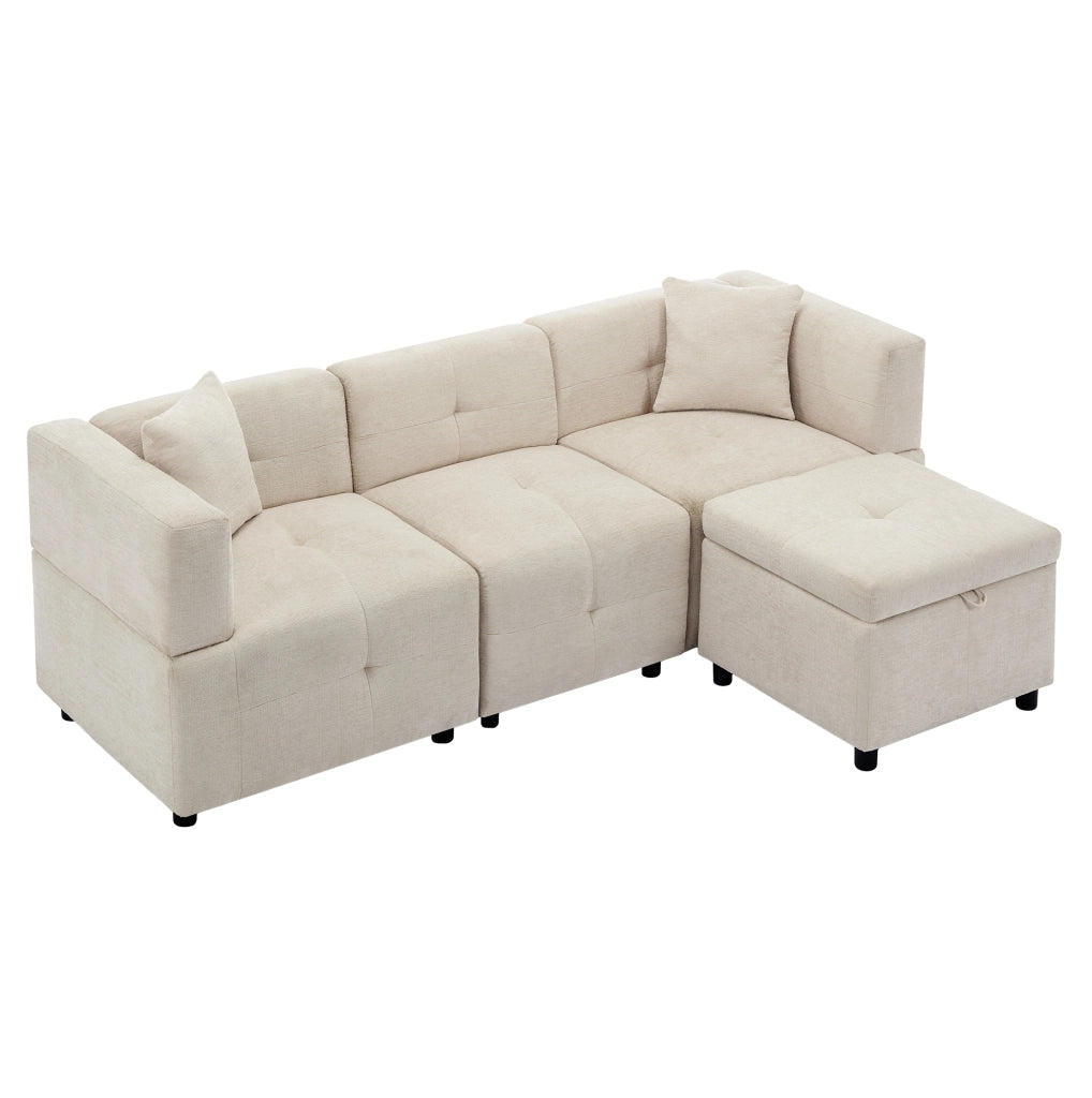Divano modulare 3 posti in ciniglia beige con pouf contenitore e 2 cuscini HOMVRA