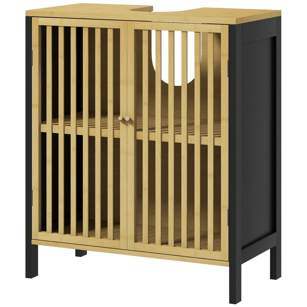 Mobile sottolavabo 2 ante 60 x 30 x 70 cm ripiano regolabile ritaglio sifone salva-spazio utile contemporaneo in MDF nero 21_0002011