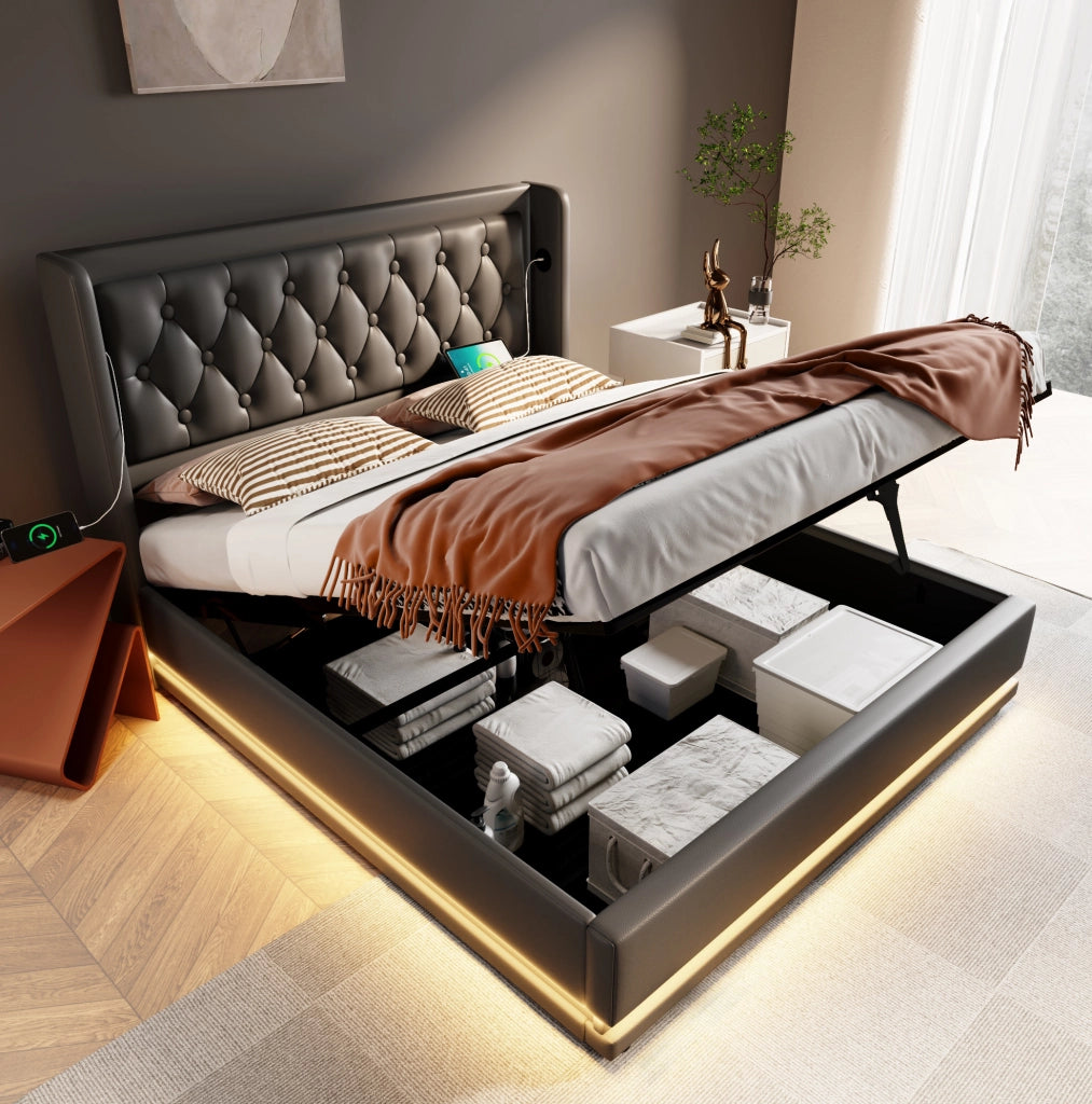 Letto matrimoniale contenitore idraulico 160 × 200 cm in PU nero con LED; USB e USB-C