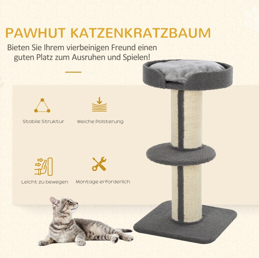 Tiragraffi per gatti con piattaforme, sisal e cuscino grigio