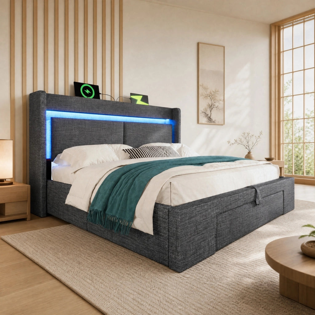 Letto matrimoniale 140x200 cm con contenitore idraulico; LED e porte USB e USB-C; grigio
