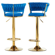 Coppia Sgabelli da Cucina Bar Schienale Intrecciato Velluto e Struttura Oro Blu