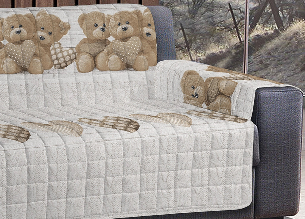 Copridivano-Copripoltrona Trapuntato Imbottito Disegno New Orsetti - 4 Posti - Beige