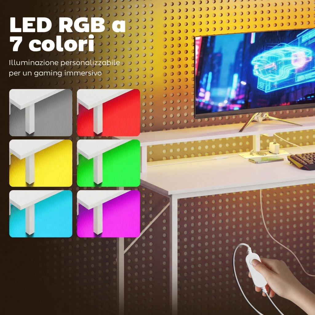 Scrivania Gaming 147 cm, Tavolo per Computer con Supporto CPU Regolabile e Reversibile, Luci RGB, Prese di Alimentazione, Porte USB e USB-C, Supporto Monitor e 3 Cassetti in Tessuto, Bianco