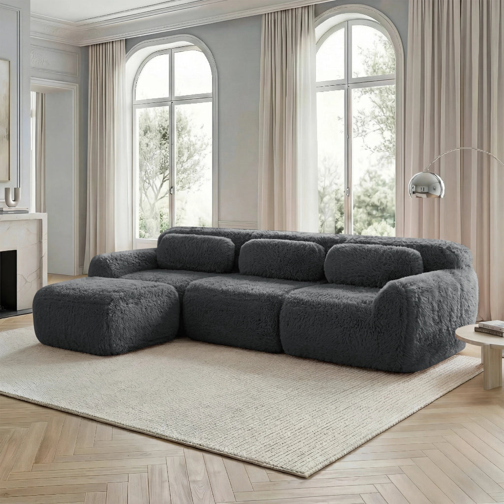 Divano Angolare Modulare ¨C MINIMAL ¨C Tessuto Morbido, Grigio, con Cuscini