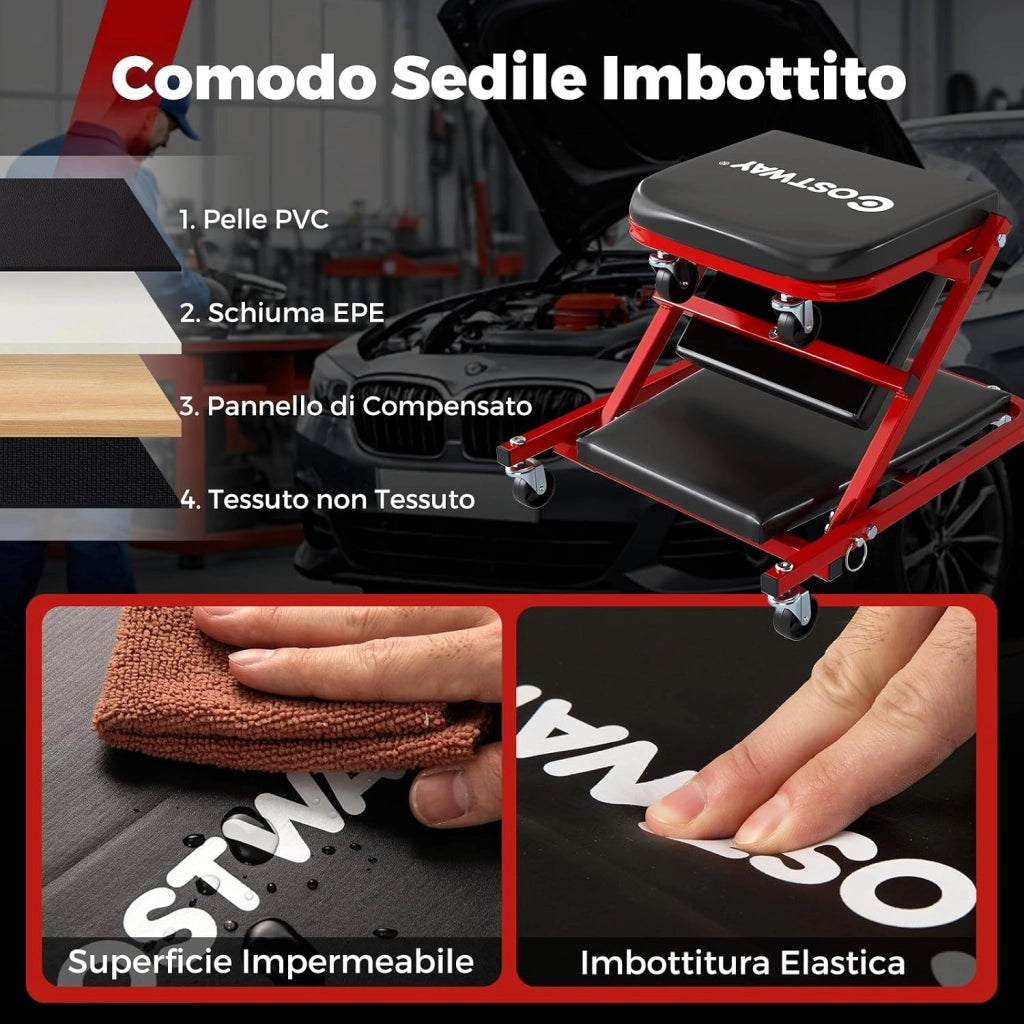 2 in 1 Sgabello da Officina a Forma di Z, Carrello Meccanico sotto Auto con Sedile Imbottito e Ruote Girevoli a 360°, Portata 150 kg, per Garage e Officina (Nero)