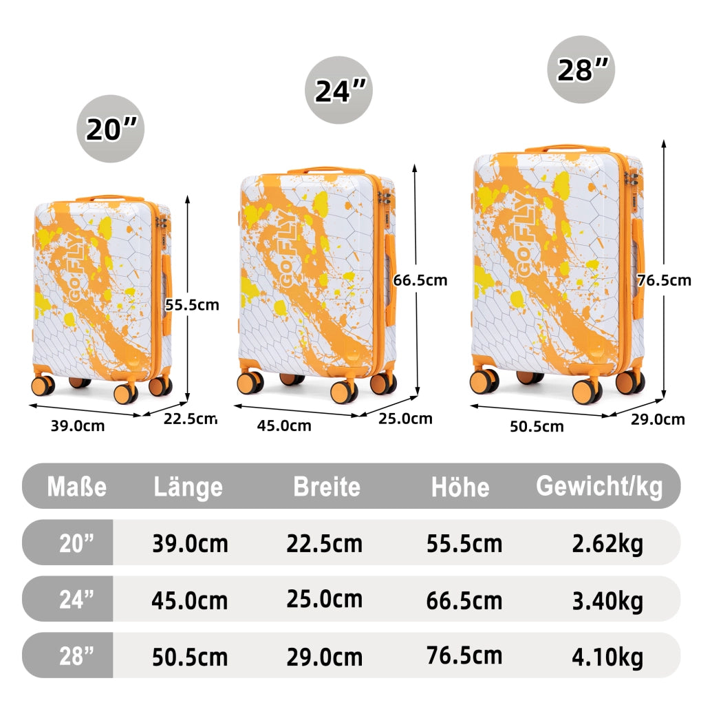 Set di 3 Valigie Rigide 20"/24"/28" in PC con Stampa a Macchie e Lucchetto a Combinazione Arancione
