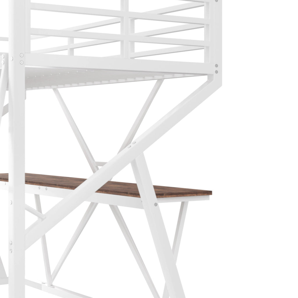 Letto a soppalco 90x200 cm bianco con scrivania, LED, scala e sponde
