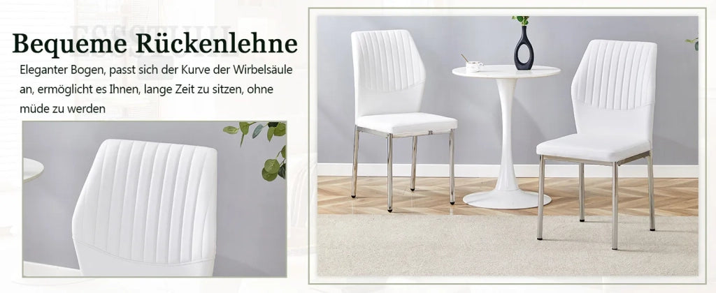Set 4 sedie da pranzo stile lusso leggero, schienale bianco in PU con trama verticale, gambe in metallo argento. Ideali per sala da pranzo o soggiorno.
