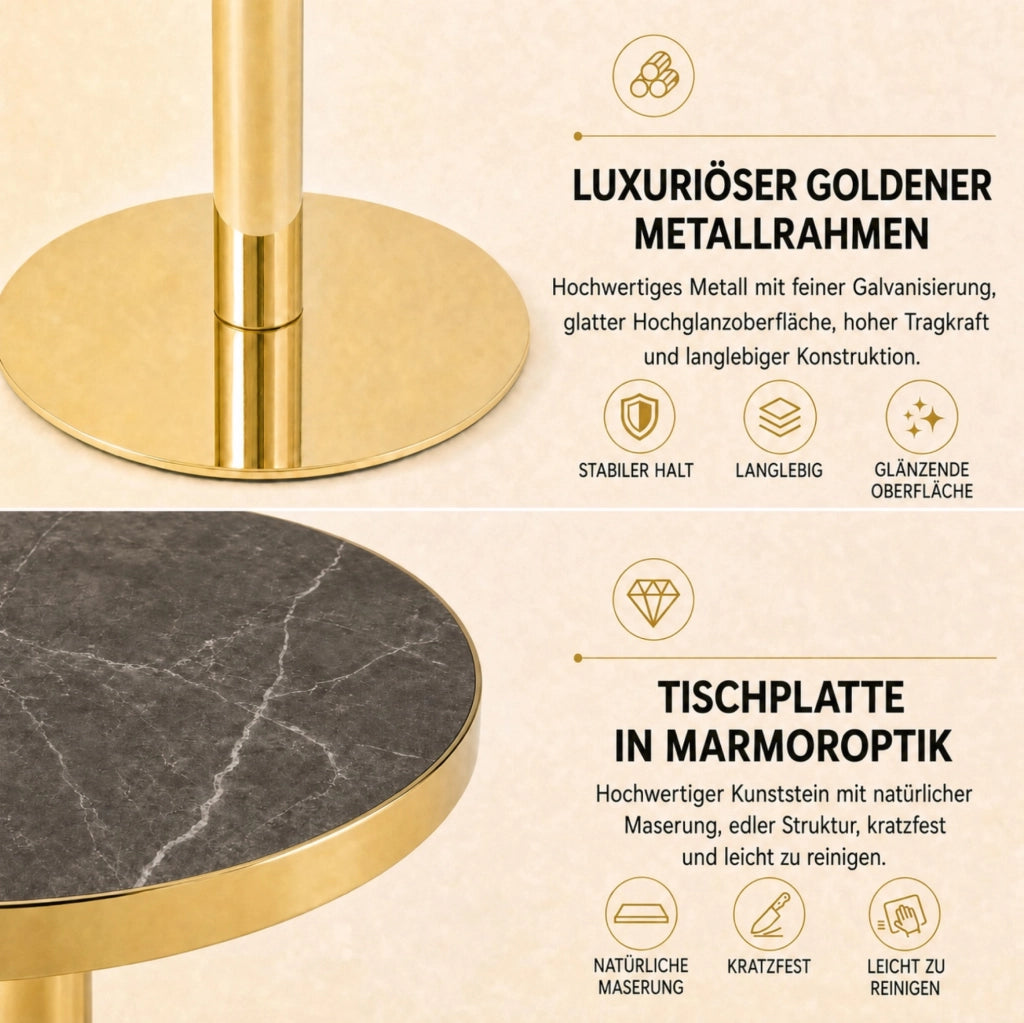 Tavolino rotondo effetto marmo grigio e oro con base stabile