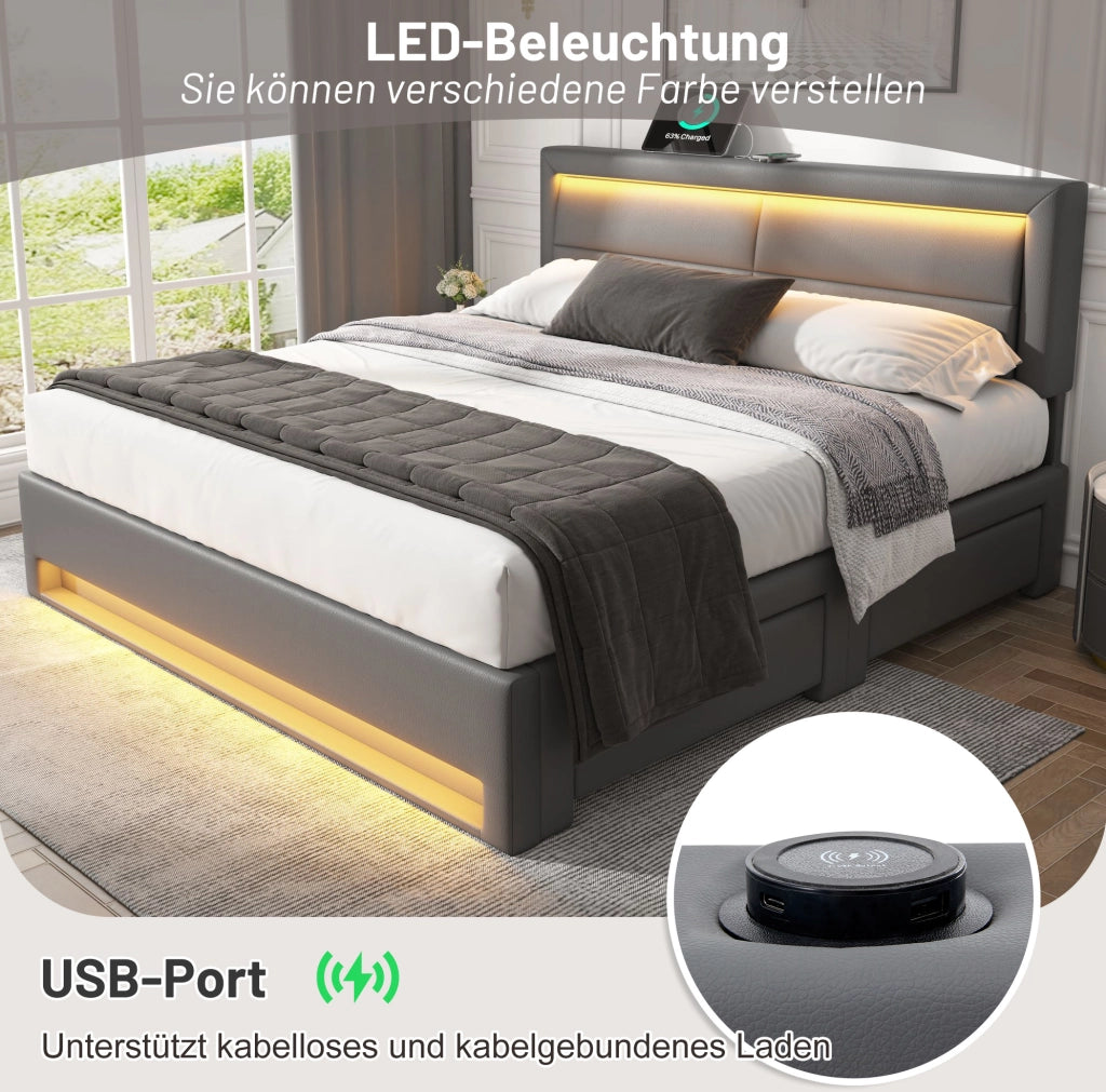 Letto imbottito 140 x 190 cm grigio con USB, LED e 4 cassetti