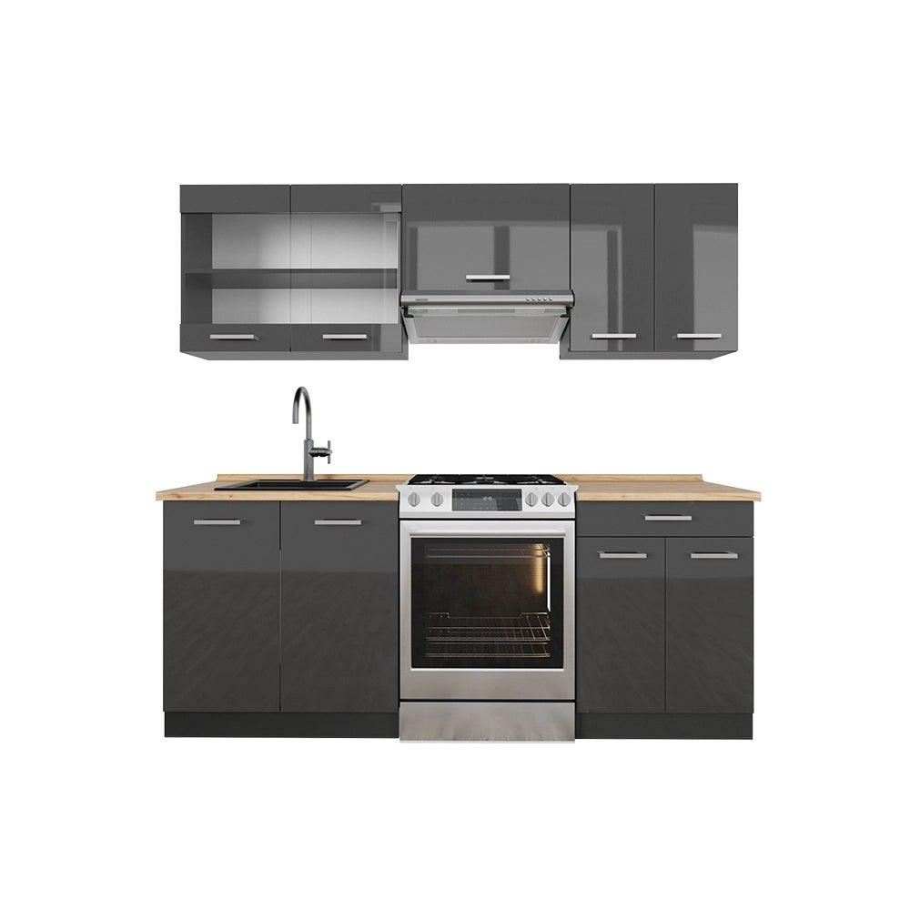 Cucina componibile R-Line Antracite lucido/Antracite 200 cm, PL Rovere Vicco