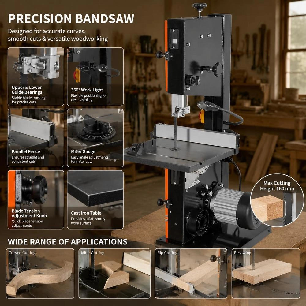 Bandsaw, Cutting Width 254 Mm, Two-speed Wood Bandsaw With 373 W Motor (1/2 HP), Cutting Height 160 Mm, 335x340 Mm Cast Iron Table, With 360° Work Light, Miter Gauge, Parallel Fence