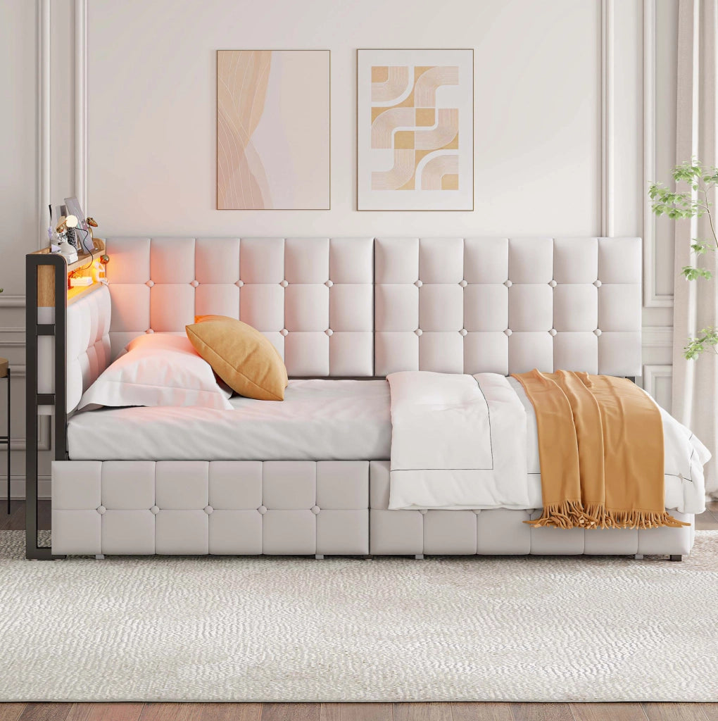 Divano letto in tessuto 90 x 200 cm con 2 cassetti; LED; USB e Type-C; beige