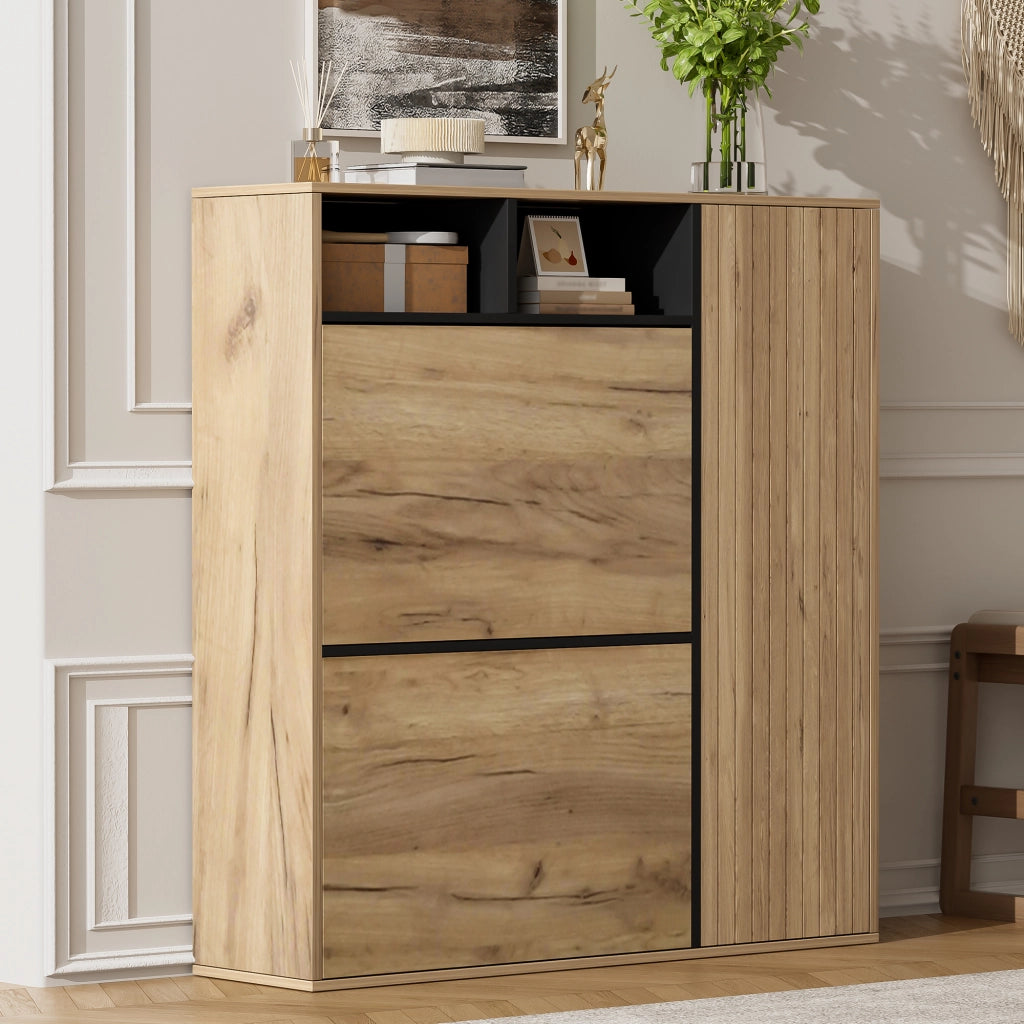 Scarpiera salvaspazio con 2 ante a ribalta e porta laterale 90x24x94 cm; naturale e nero