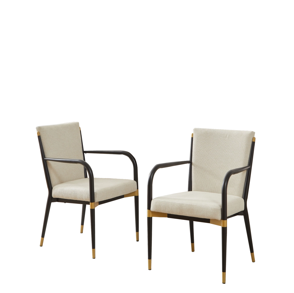 Set di 2 sedie da pranzo con braccioli in tessuto beige e dettagli dorati