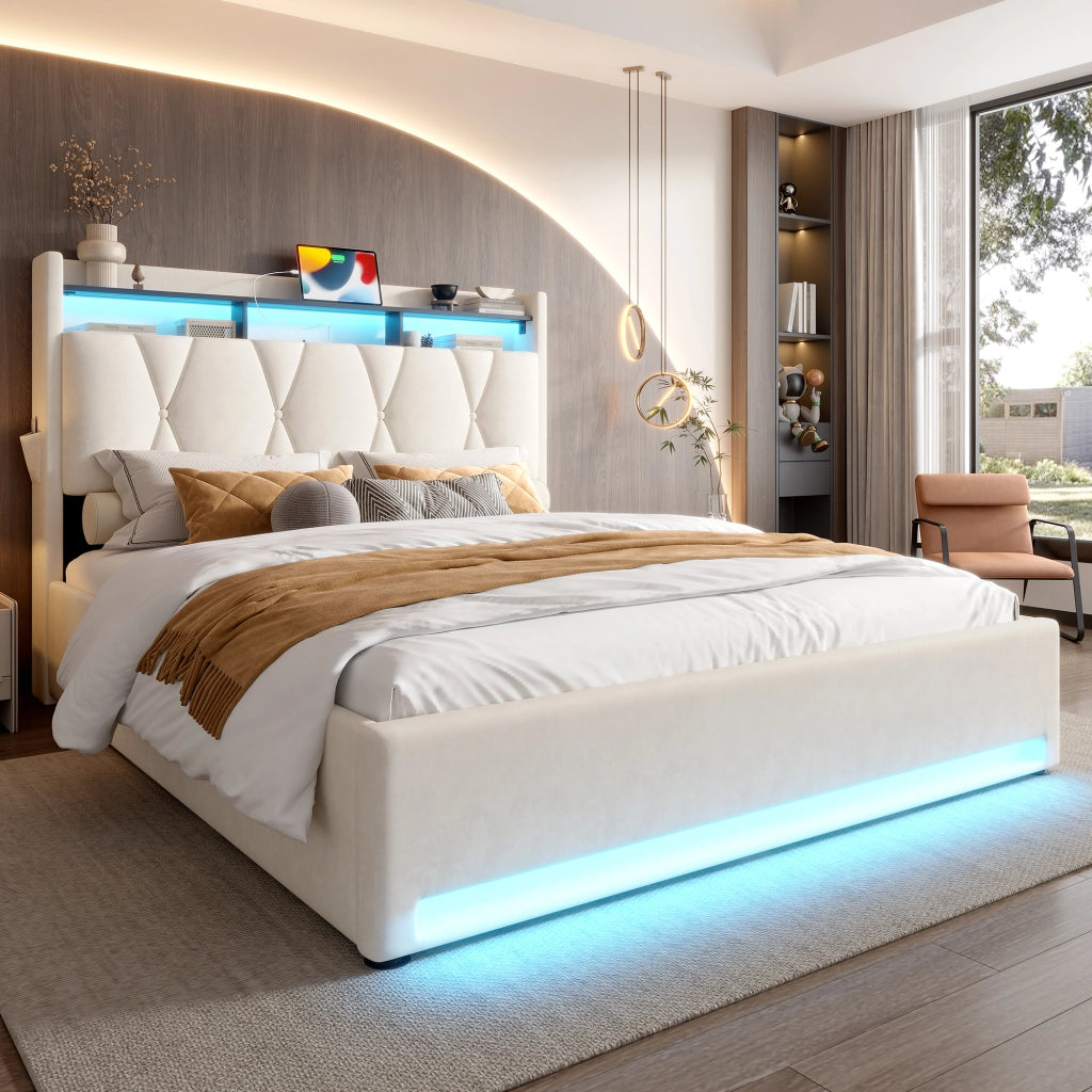 Struttura letto imbottita 160 x 200 cm con LED, USB-C, contenitore sotto il letto e testiera con contenitore idraulico - Beige, senza materasso