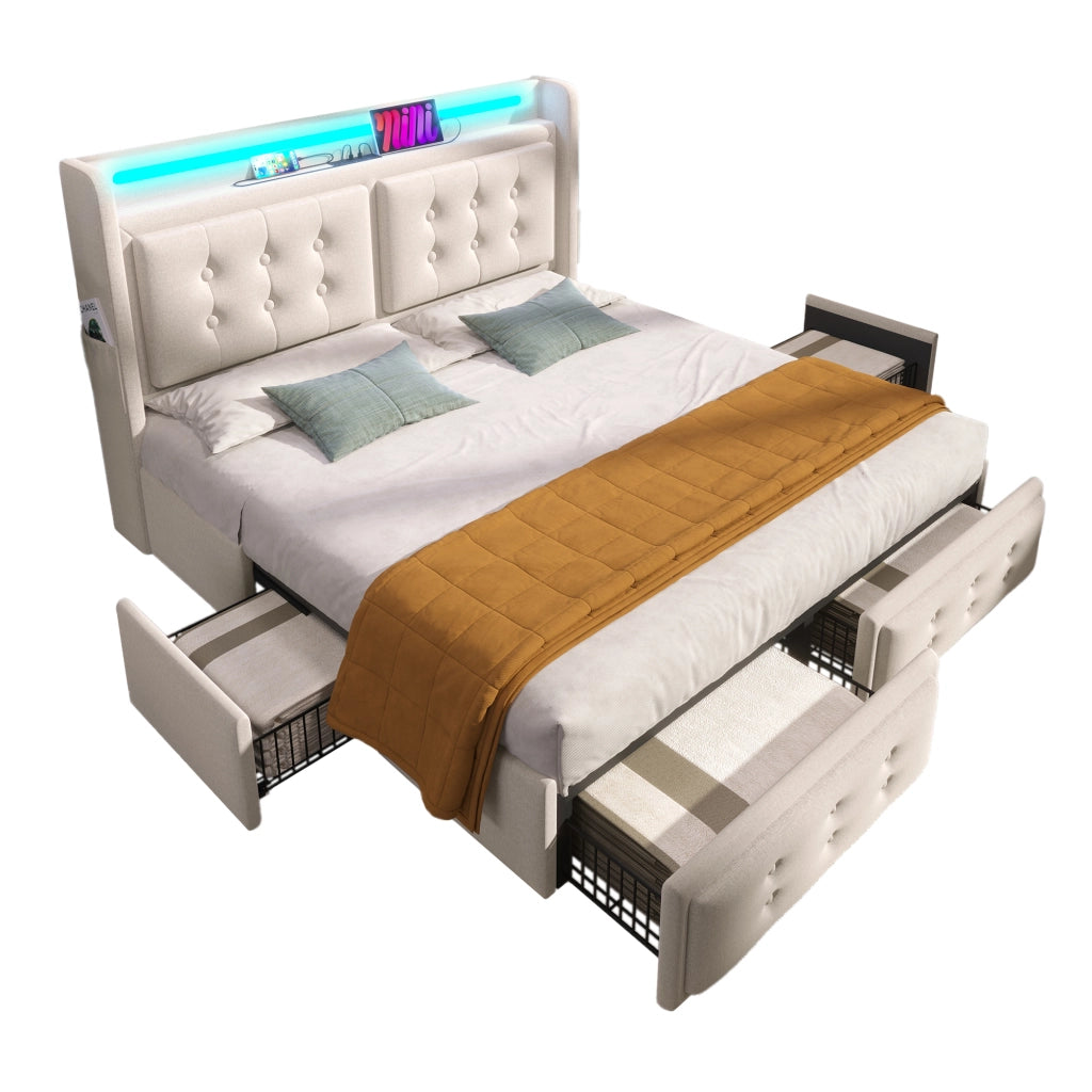 Letto Contenitore 140x200 cm; LED; USB e Type-C; 4 Cassetti; in Cotone e Metallo; Beige
