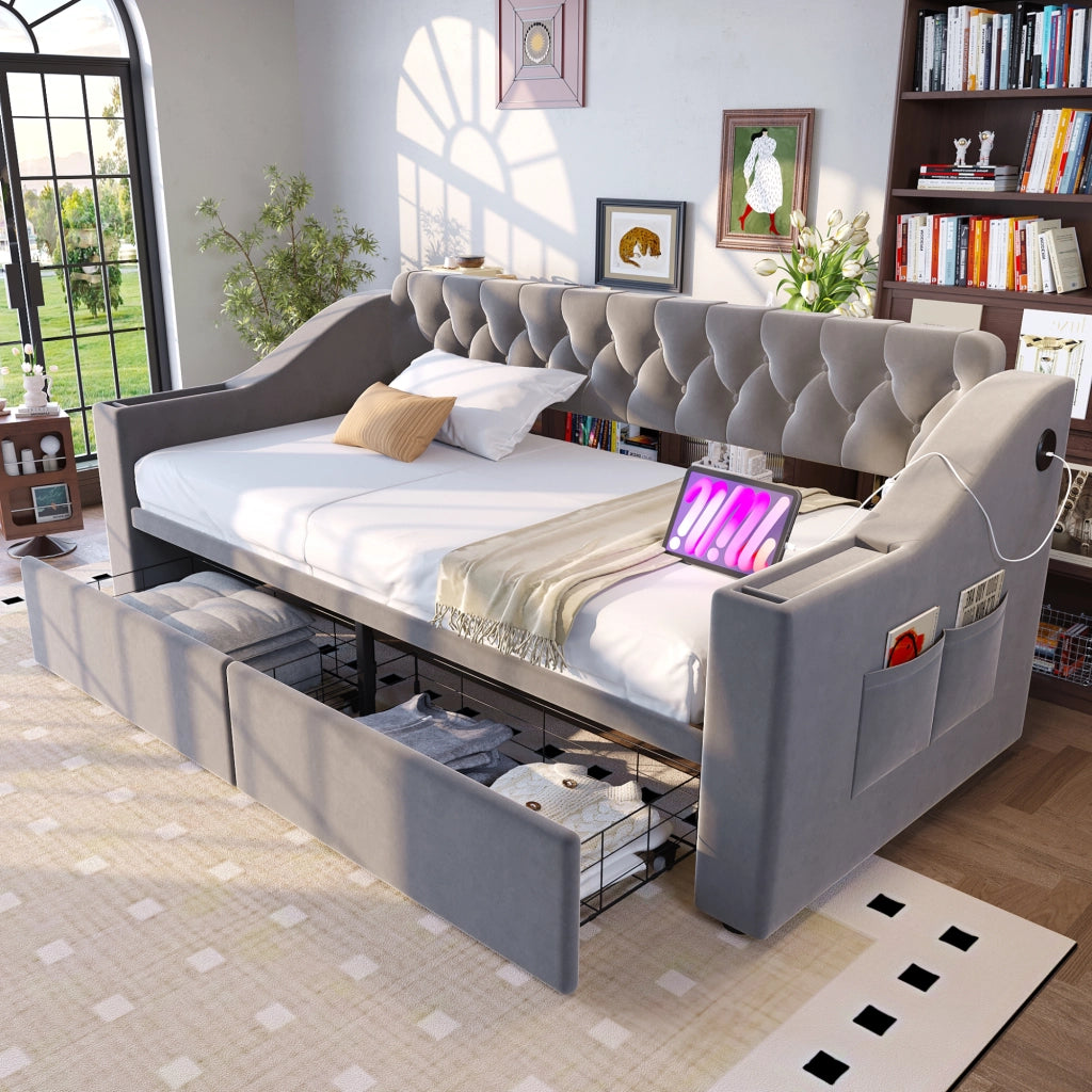 Letto divano con funzione letto e contenitore in velluto grigio chiaro 90x190 cm