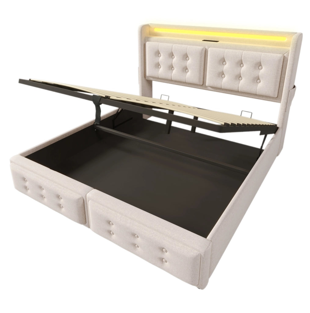 Letto matrimoniale 180x200 cm con contenitore; LED e USB C; tessuto cotone e lino beige