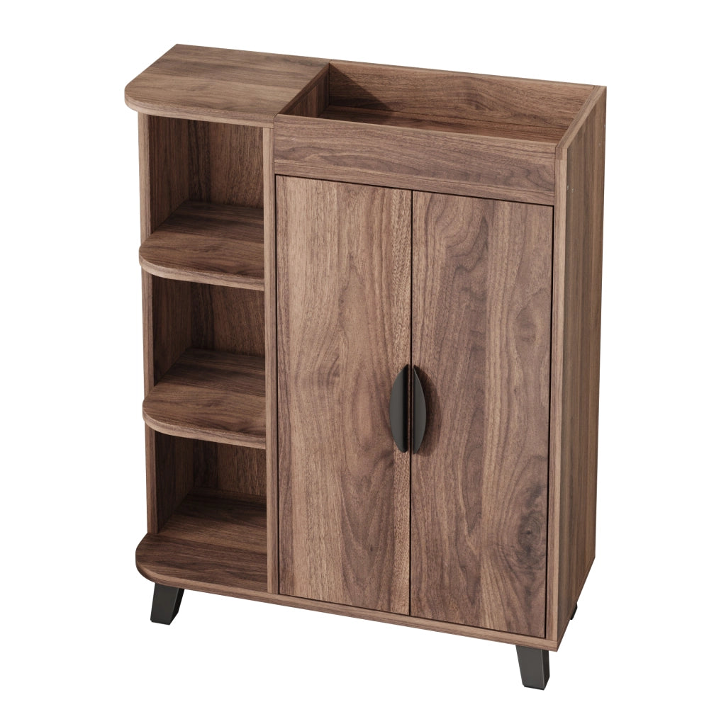 Schmaler Schuhschrank mit Doppeltüren und offenen Fächern, Nussbaumoptik, 80x32x99 cm, platzsparend für Flur und kleine Räume