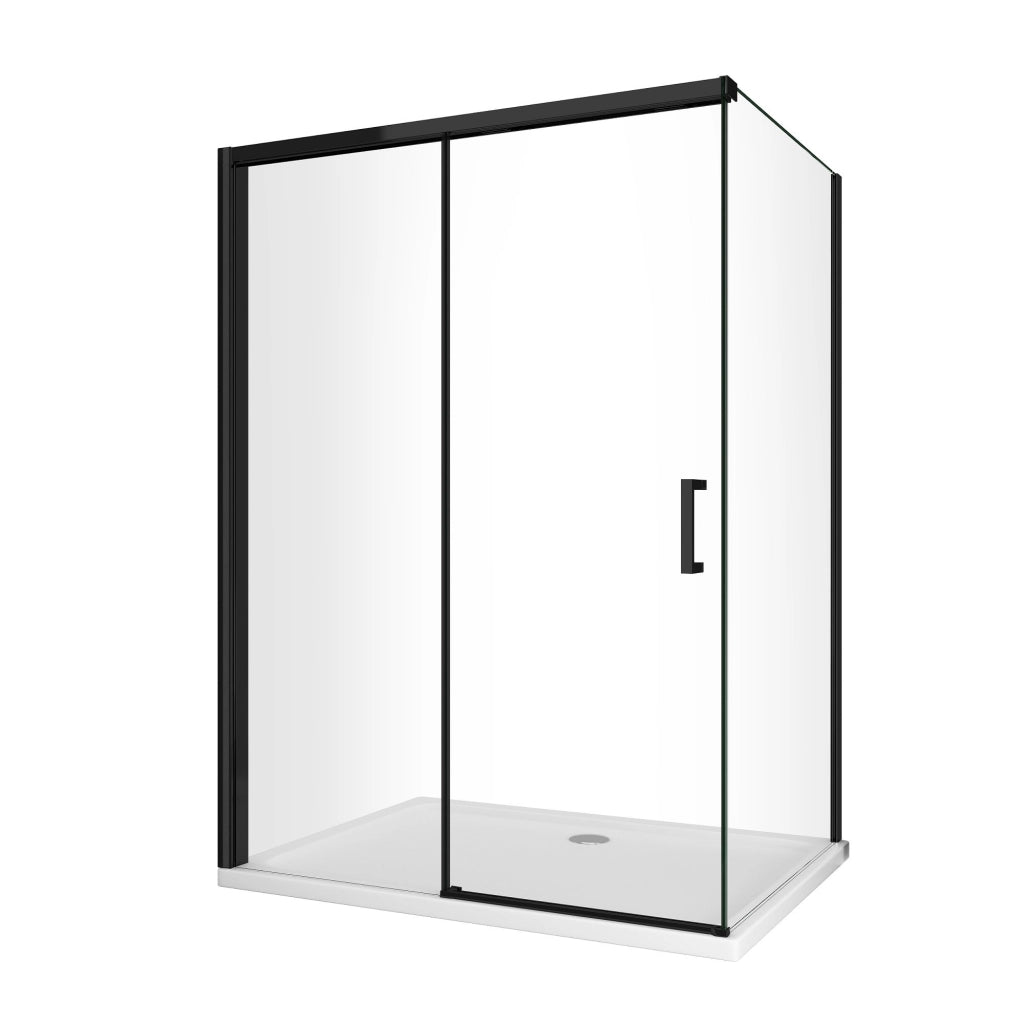 Box Doccia Ad Angolo Con Parete Fissa Laterale e Porta Frontale Con Chiusura Soft Close Ammortizzata H 200 8 MM Telaio Nero Opaco Cm 75 (73-75) x 170 (167-170)