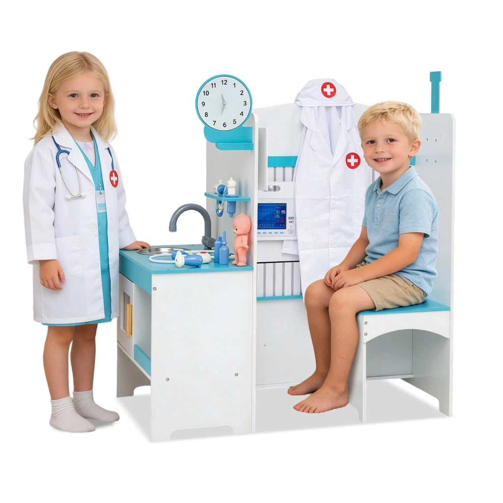 Set dottore bambini legno rubinetto lavandino monitor ecg 27 accessori, Set dottore diagramma corpo orologio barra 3-6 anni