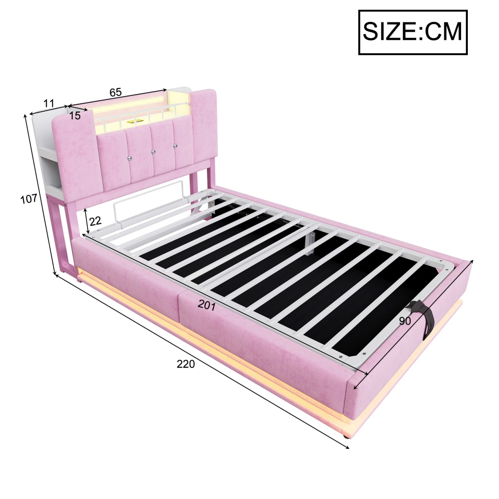 Letto imbottito per bambini 90×200 cm con LED; USB e contenitore idraulico; senza materasso; rosa