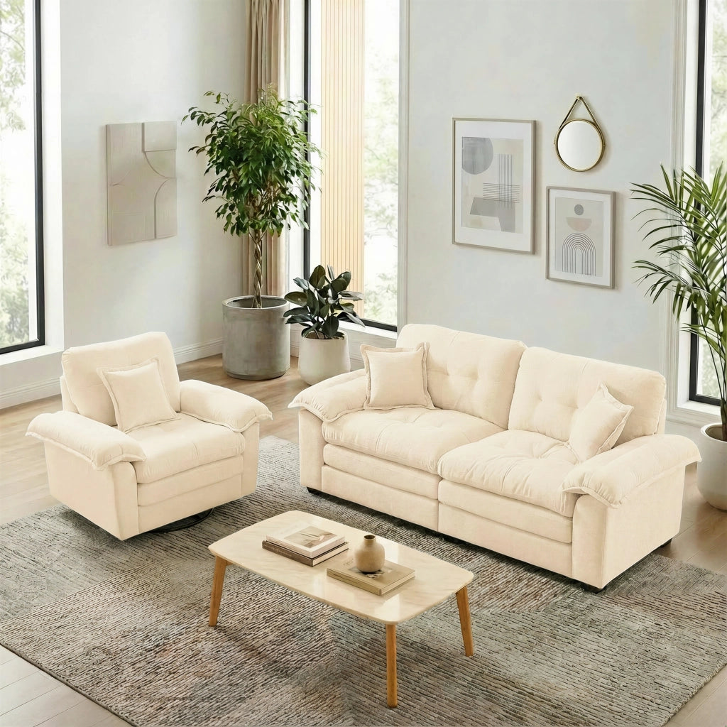 Divano dritto 2 pezzi con sedute profonde, cuscini e poltrona girevole, in tessuto chenille beige