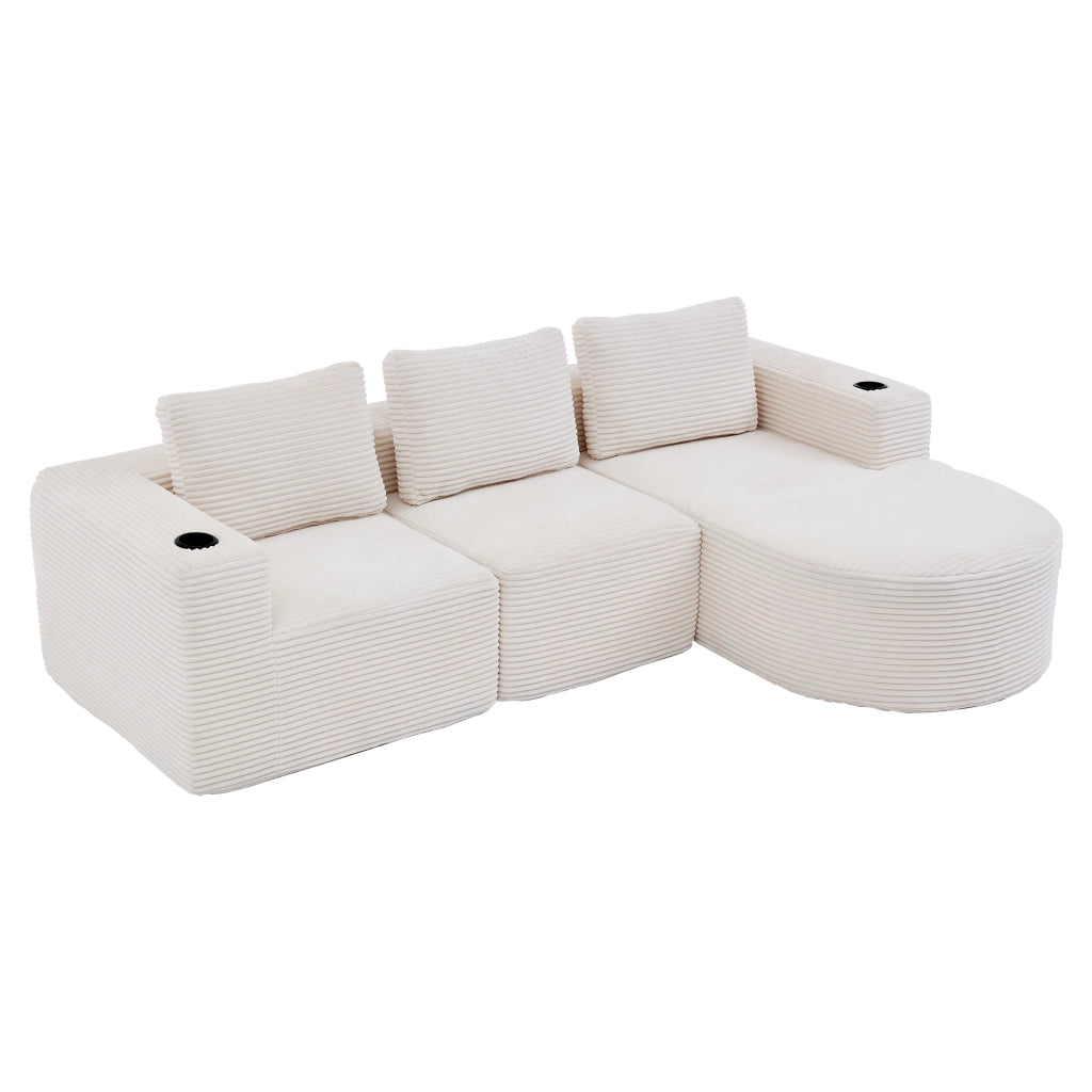 Divano 2 posti beige in velluto a coste 265 cm con portabicchieri e cuscini