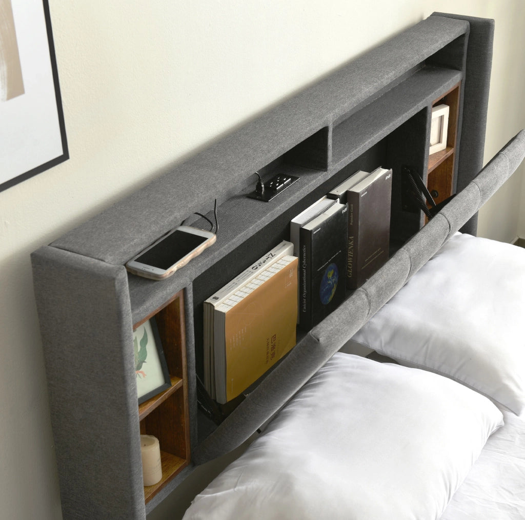 Letto matrimoniale 160x200 cm grigio con testiera contenitore, LED, USB e prese