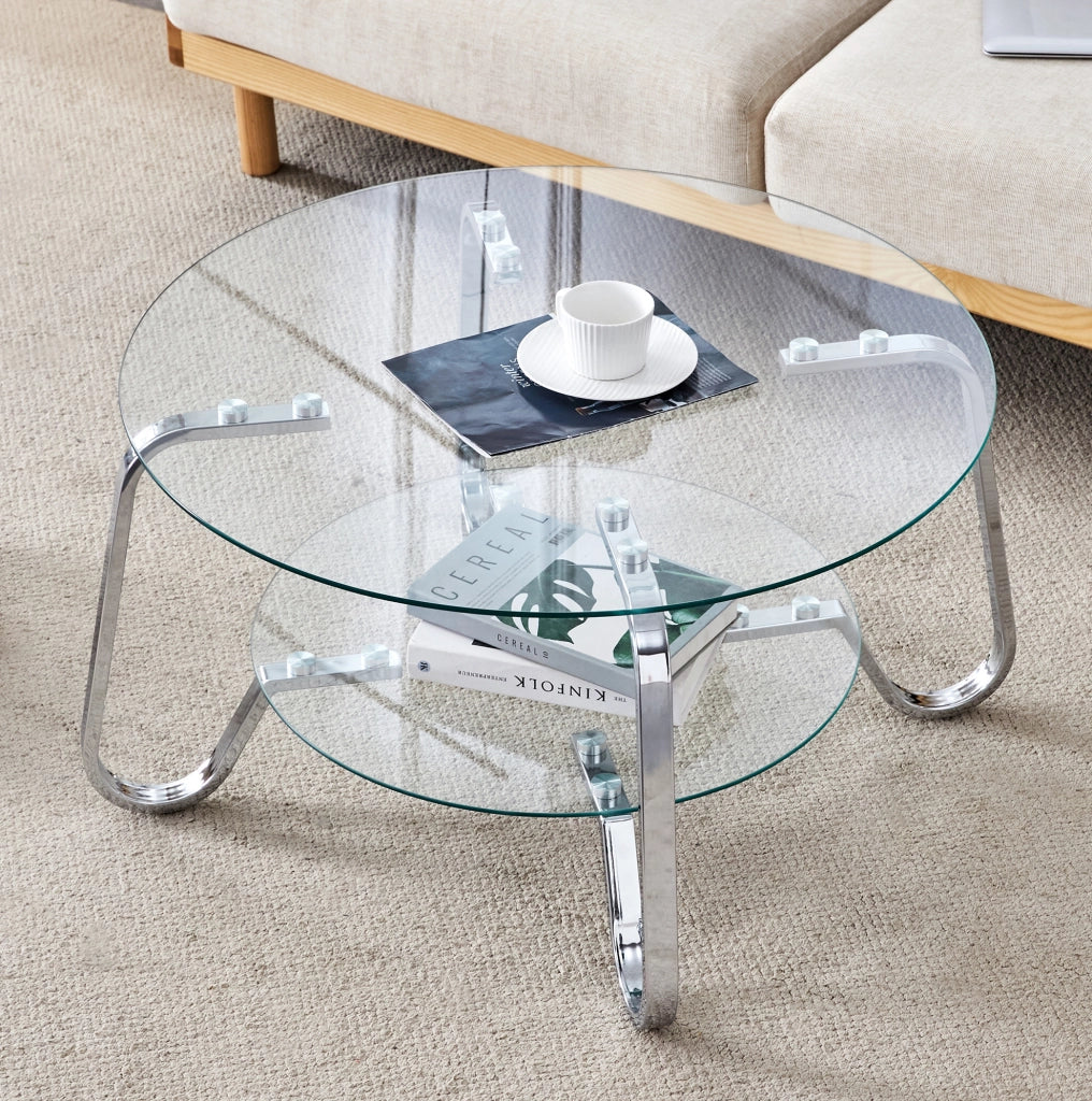 Tavolino da caffè 90.5x89.0x10.5 cm rotondo a 2 livelli in metallo argento