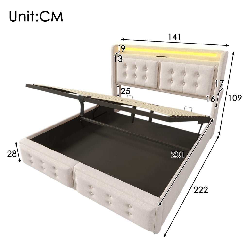 Letto imbottito 140x200 cm beige con materasso, LED e USB-C