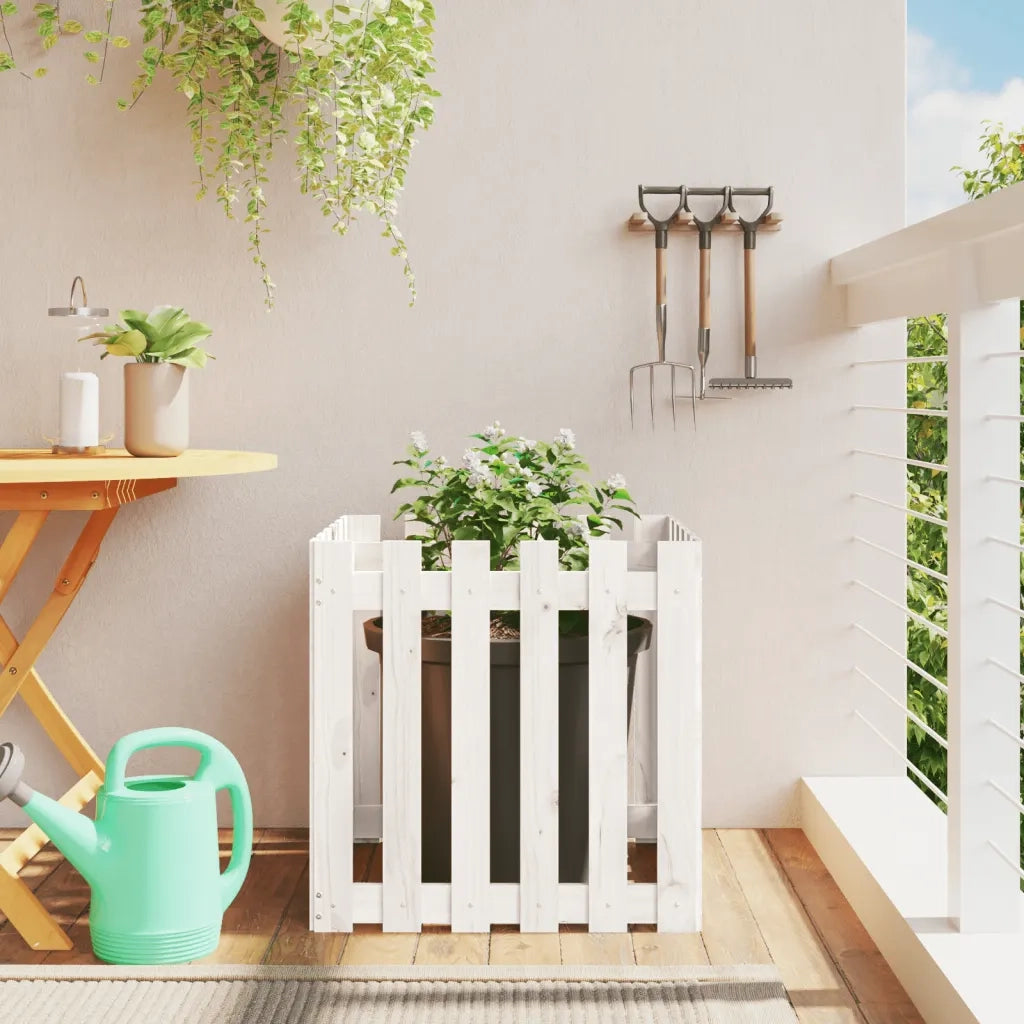 Fioriera Giardino a Recinzione-Vaso con Ringhiera-Contenitore per Piante Bianca 60x60x60 cm Massello Pino