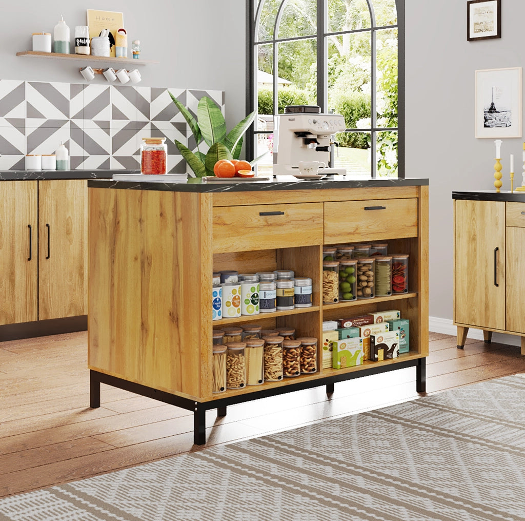 Isola da cucina 120x75x90 cm con 2 cassetti e 4 ripiani aperti in MDF nero e naturale