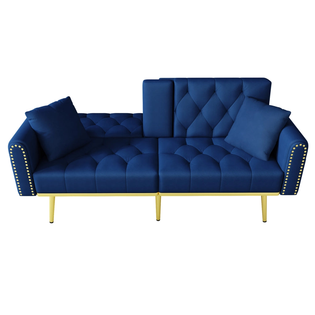 Divano letto multifunzionale in velluto blu con schienale regolabile e portabicchieri