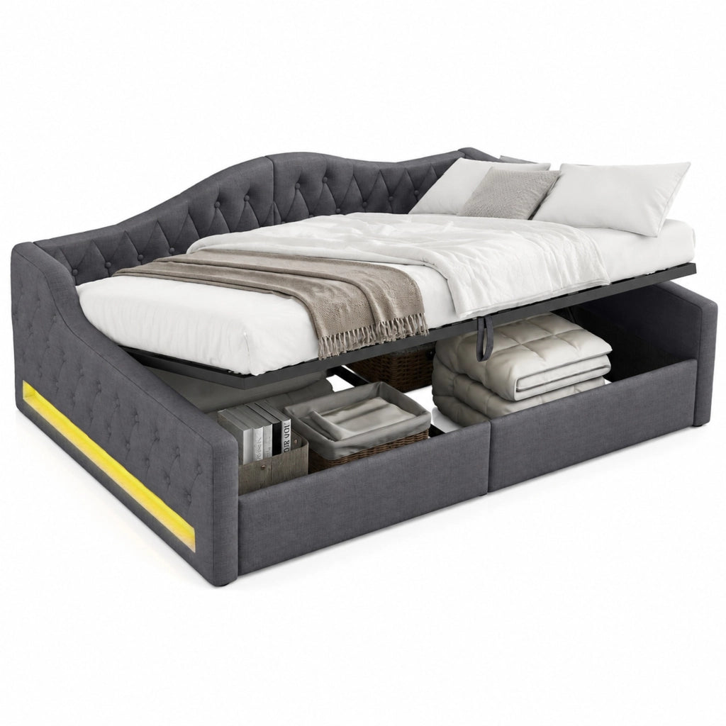 Letto imbottito una piazza e mezza 140×200 cm con contenitore e LED regolabile, senza materasso, lino, grigio