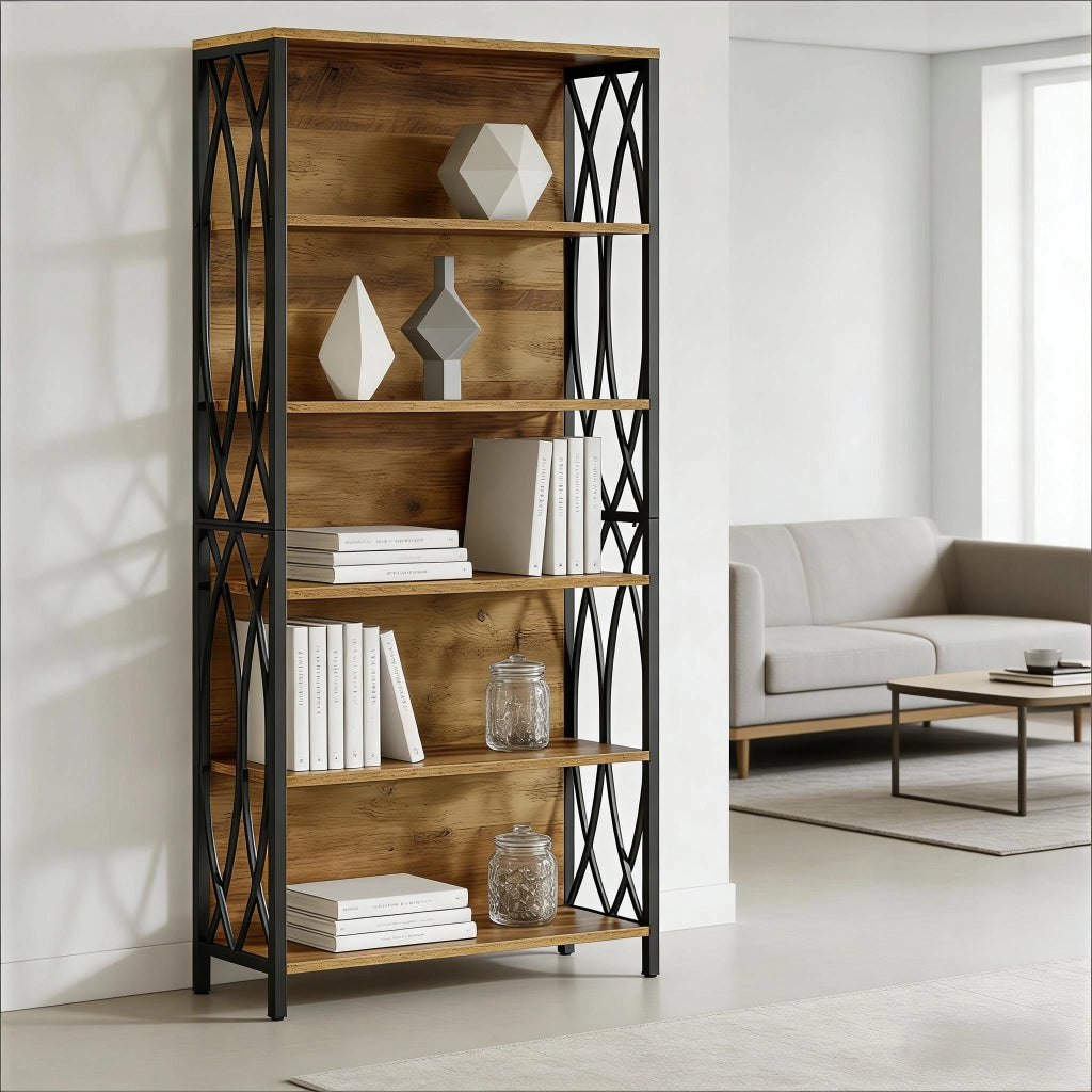 LIBRERIA INDUSTRIALE 180 cm MDF E METALLO Nero/Marrone